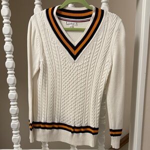 Tommy Hilfiger White V-Neck Sweater with Black and Orange Accents
